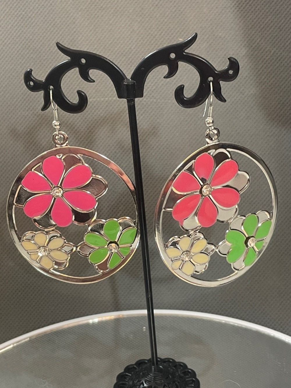 Silver Hoop Earrings with Pink & Green Floral Enamel hook 2.5”